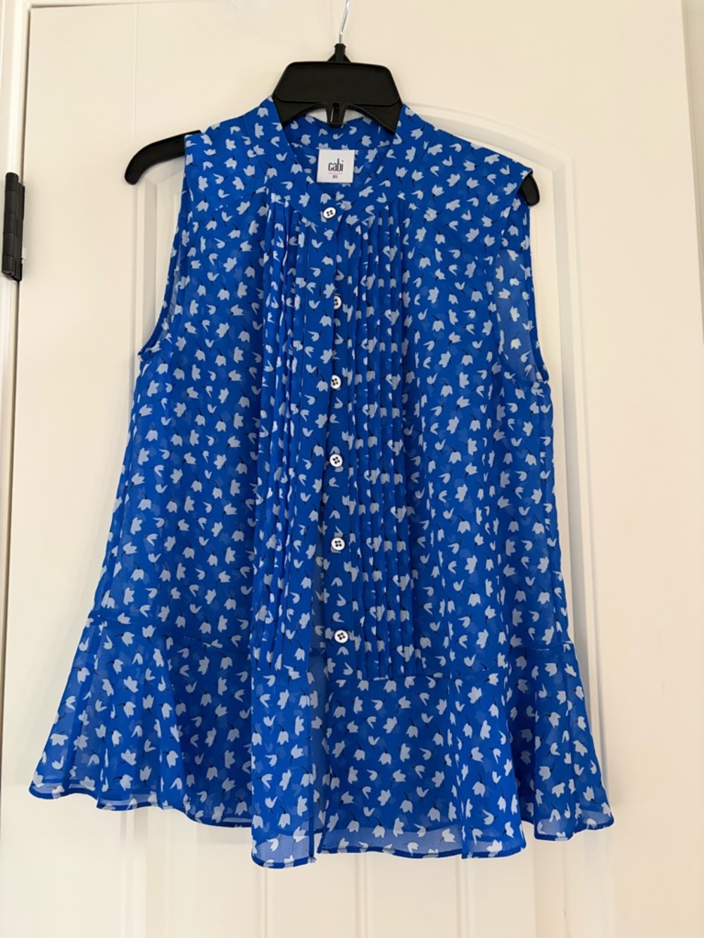 CAbi Royal Blue Sleeveless Pleated Top with White Floral Print